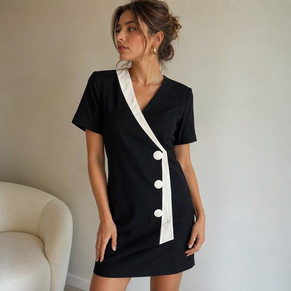 Spiegel Black Asymmetrical Button 90s Minimalist Career Chic Mini Dress Sz 10